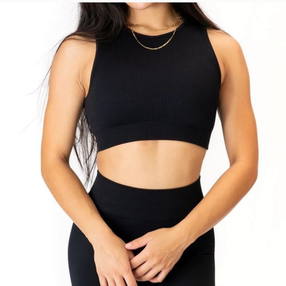 Seamless Rib High Neck Bra Black